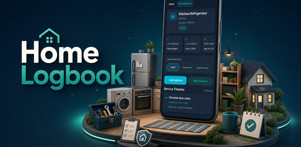 Home Logbook product visual with home appliances and a mobile app screen