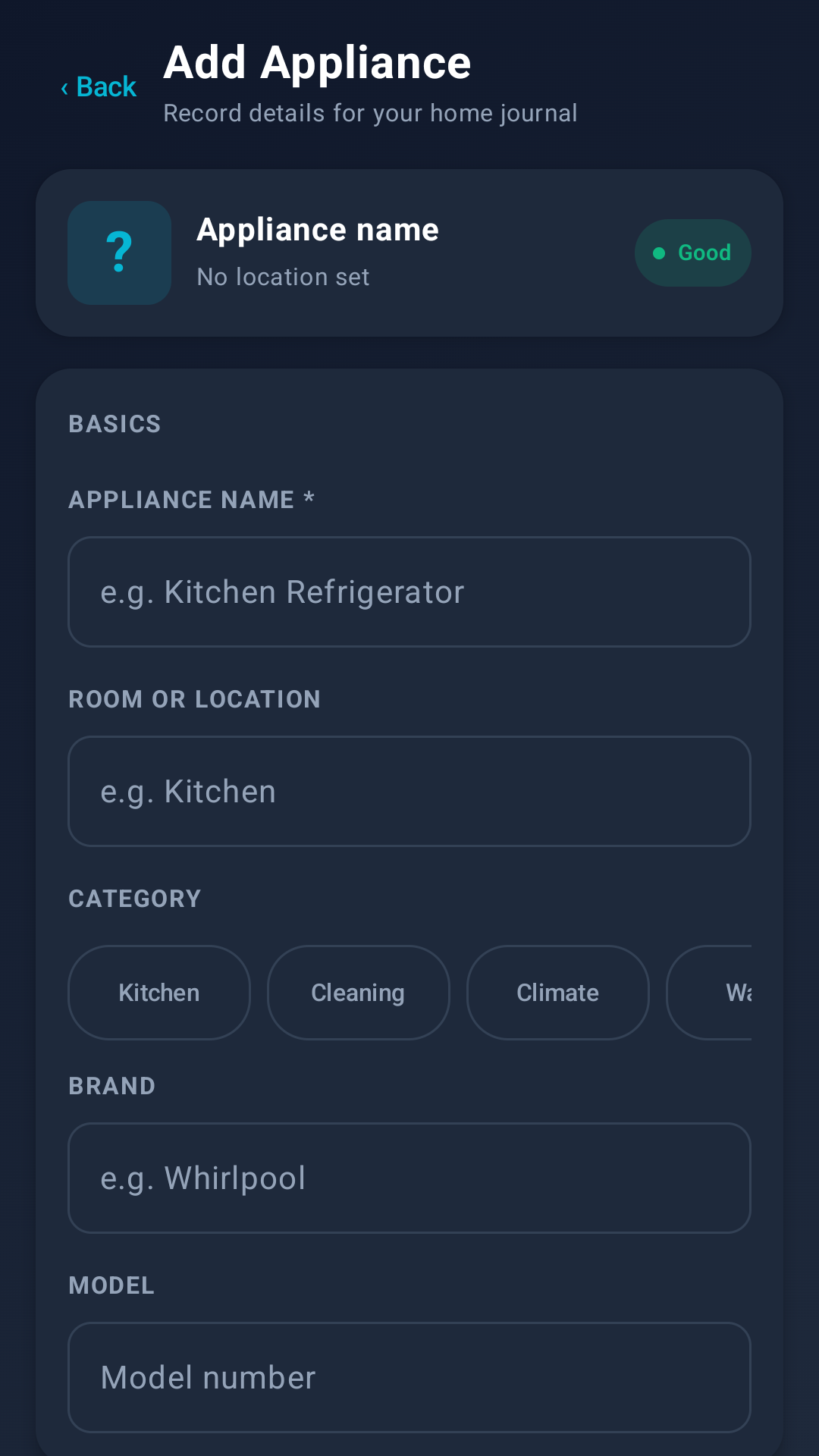 Home Logbook add appliance screen