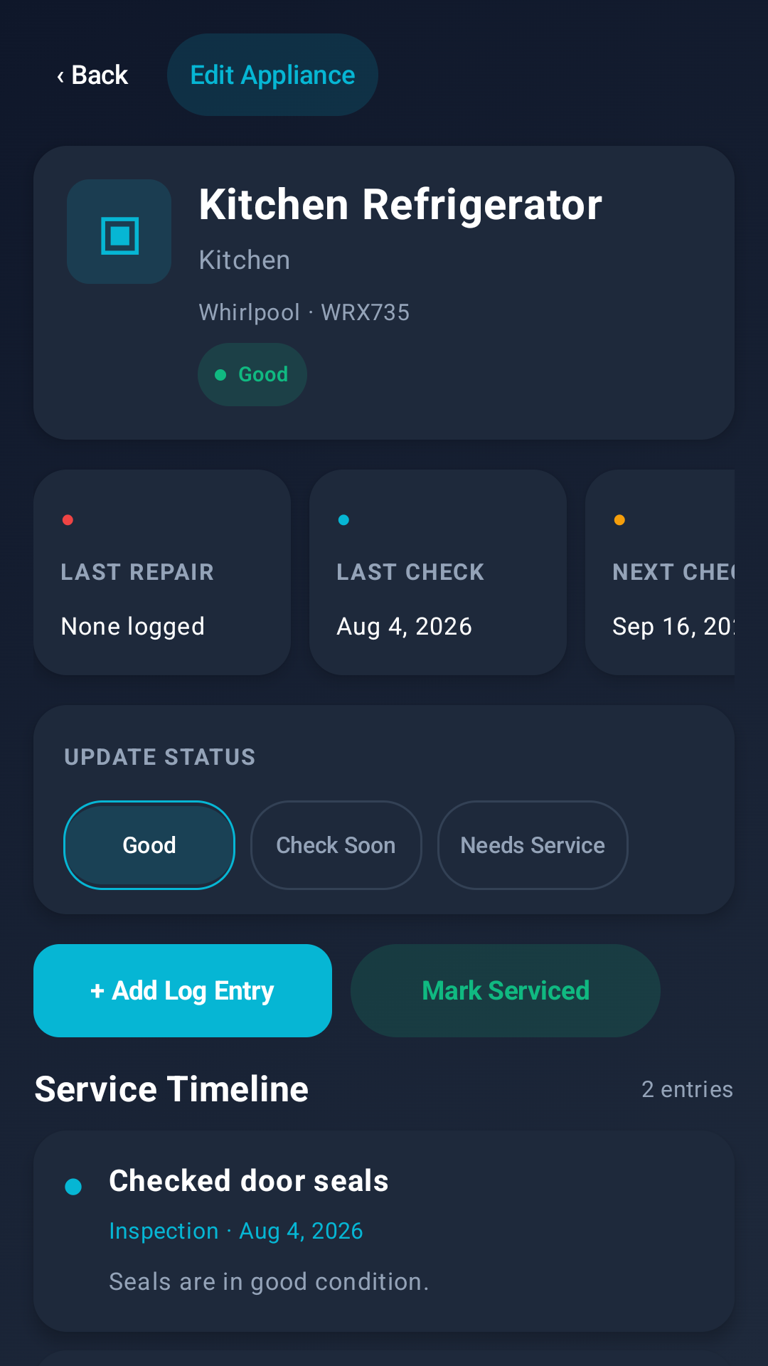Home Logbook appliance detail screen