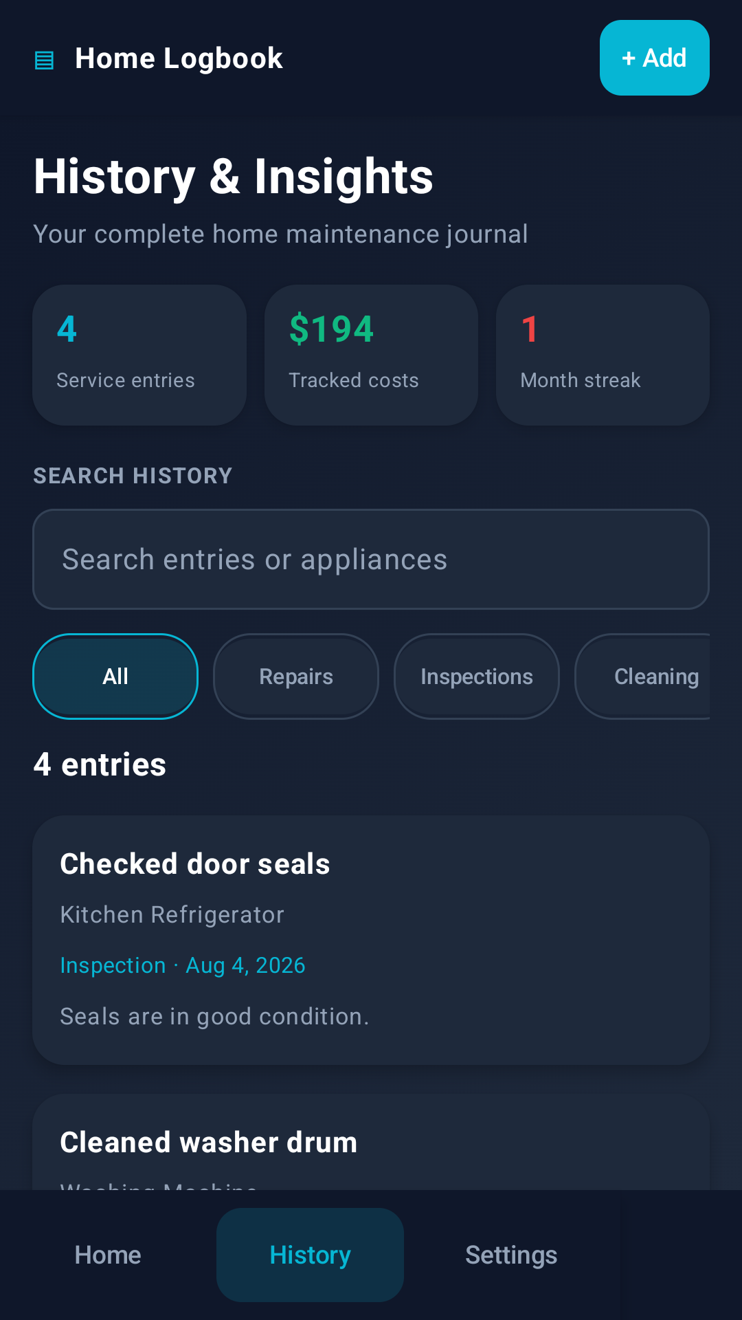 Home Logbook history and insights screen