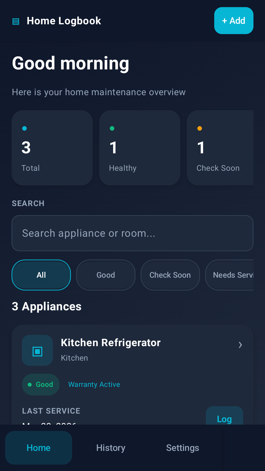 Home Logbook main dashboard screen